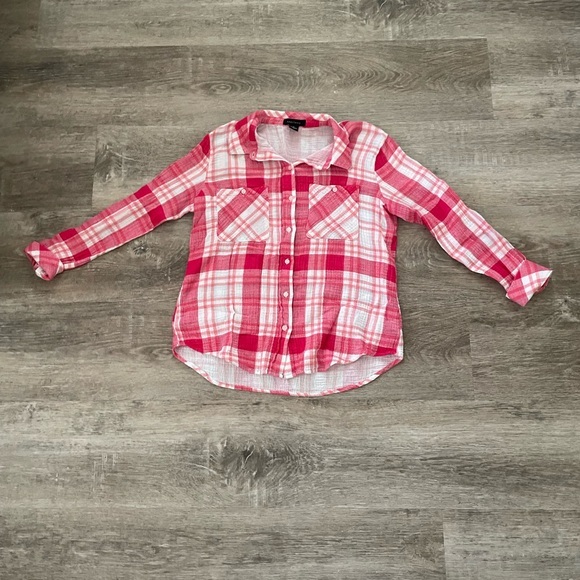 Sanctuary Red and White Button Down Shirt Classic Plaid - Picture 1 of 5